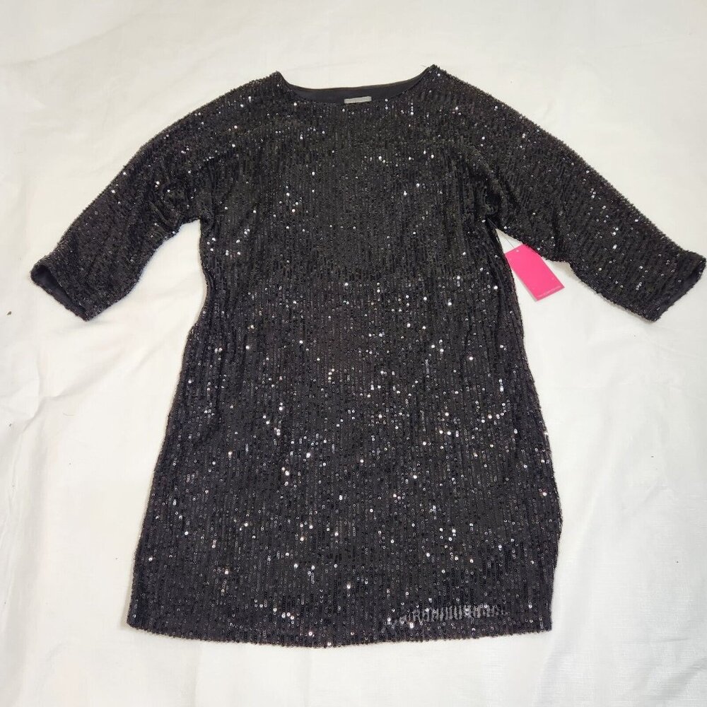 VINCE CAMUTO Women's Sparkle Black Sequin 3/4 Sleeve Mid Dress Size XS (12) - Picture 9 of 15